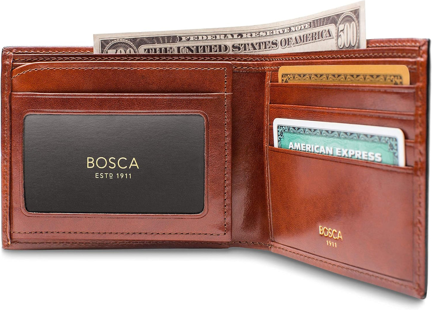Bosca Bifold para hombre con tarjeta\/solapa de identificación, Ámbar