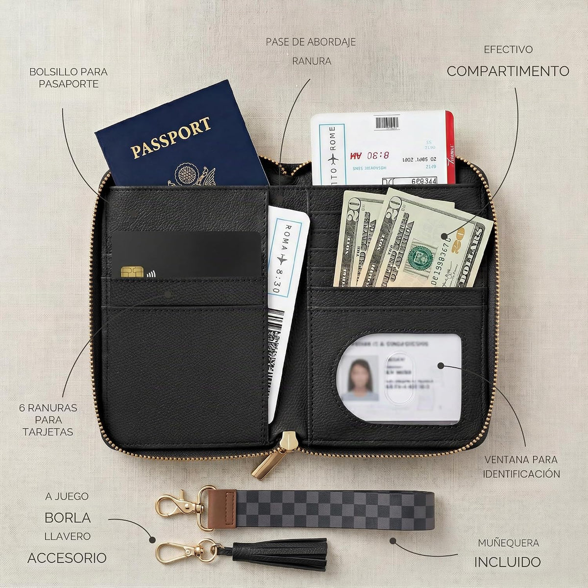 Hermoso soporte para pasaporte y cartera de viaje con correa de muñ...