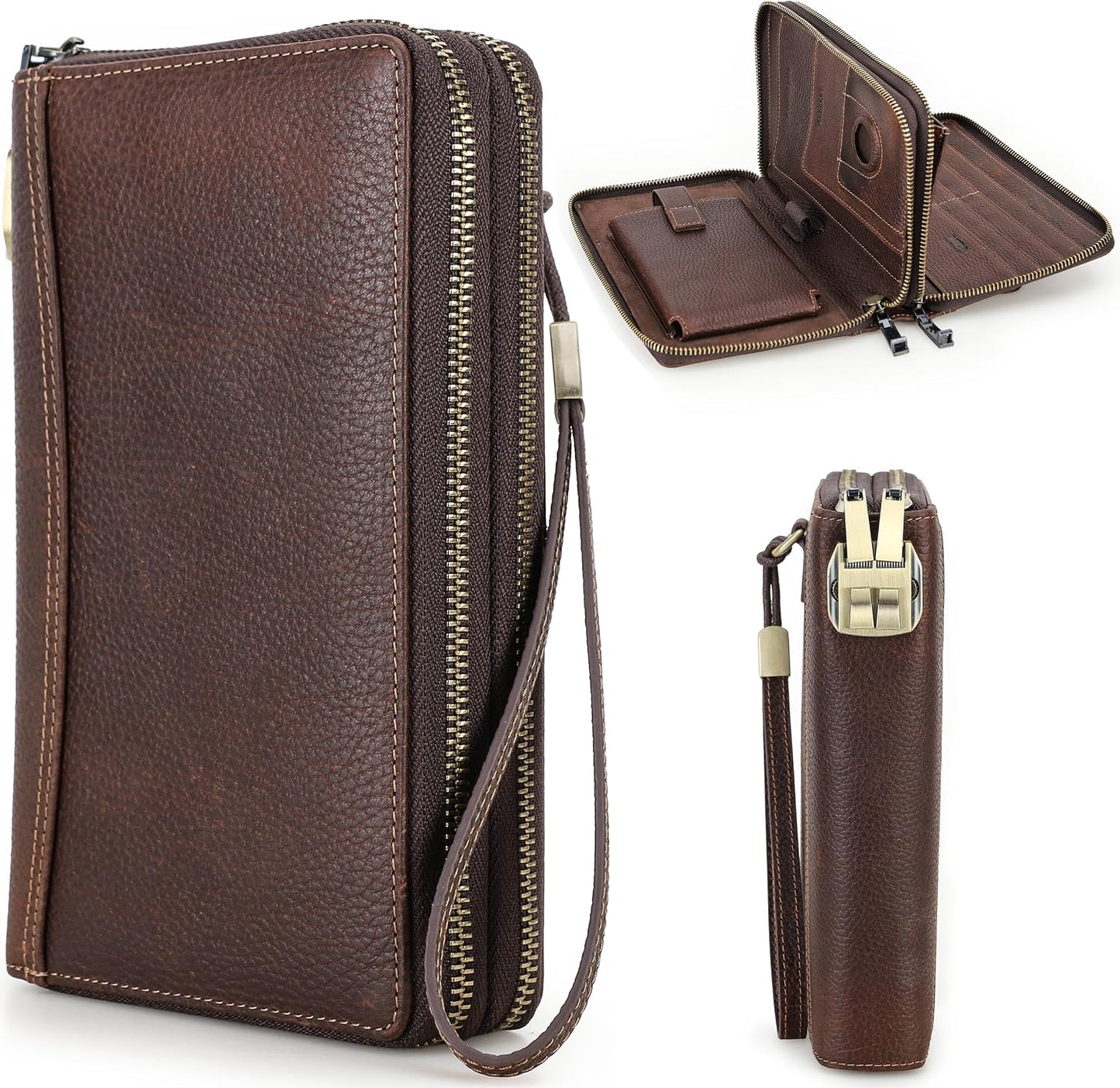 Cartera de cuero genuino de grano superior con cremallera para homb...