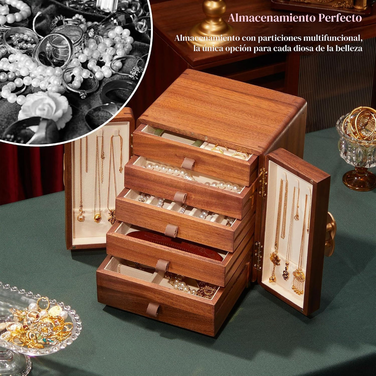 KAOTGOT Joyero de madera para mujeres y niñas, organizador grande d...