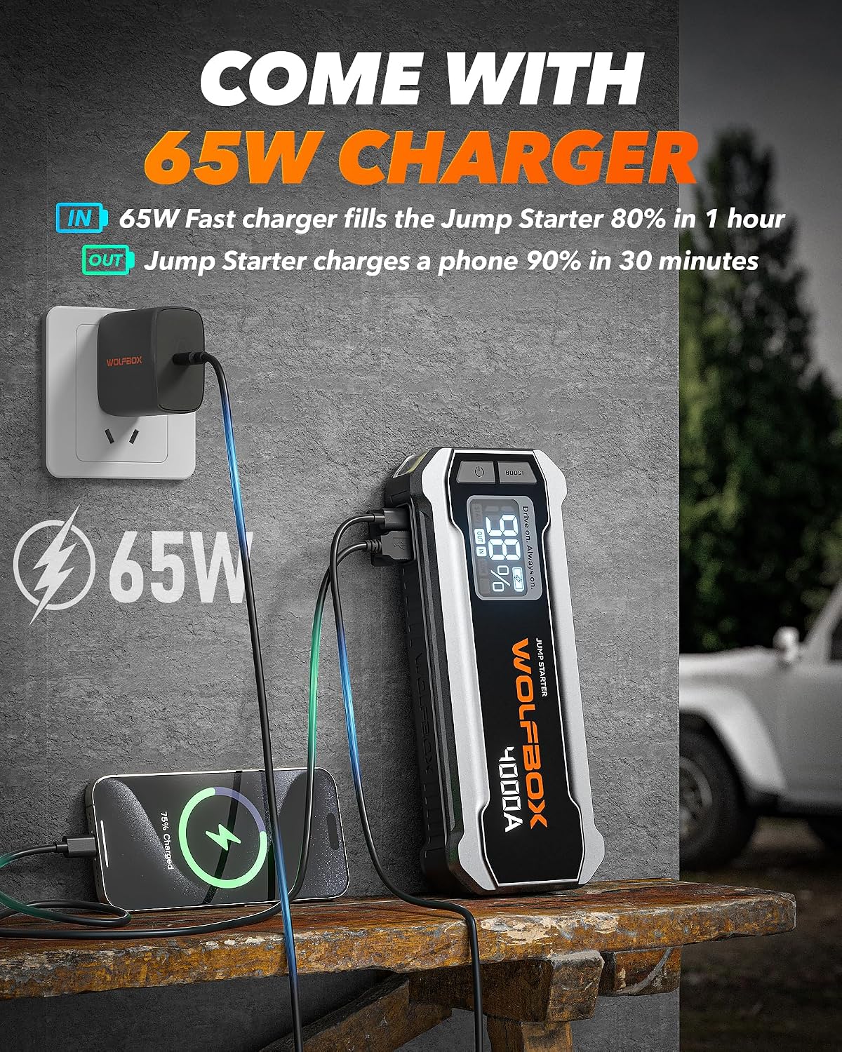 WOLFBOX Arrancador de 4000 A, batería de coche de 12 V portátil con...
