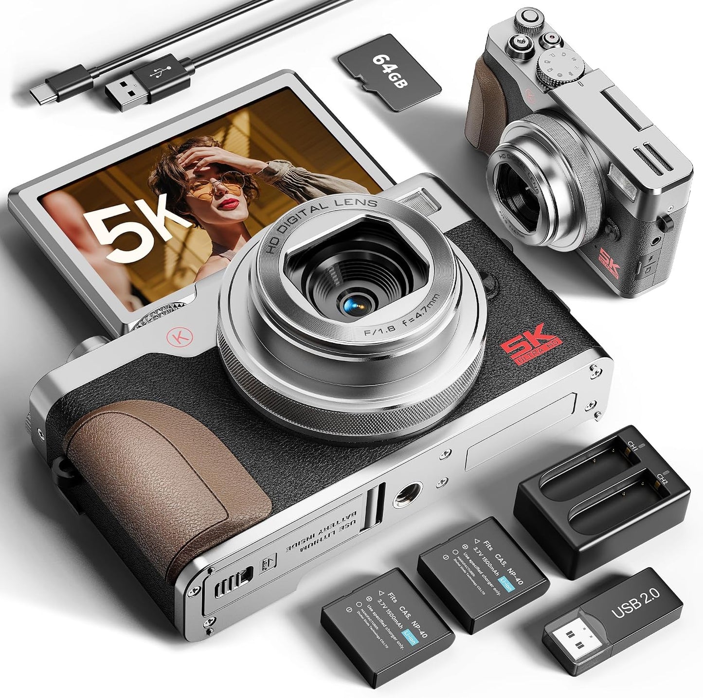 True 5K 64MP cámara digital para fotografía, zoom 18X (plata) | Enf...