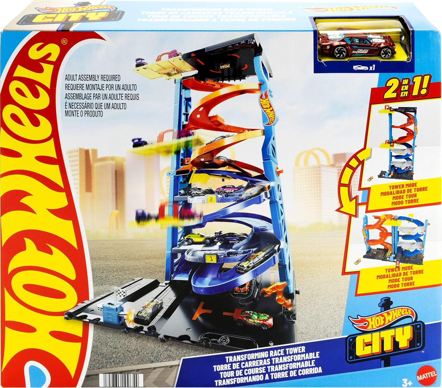 Hot Wheels Torre de carreras transformadora de la ciudad y 1 auto d...