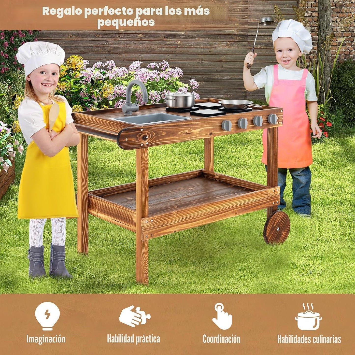 Costzon Cocina de barro, cocina de juego al aire libre con fregader...
