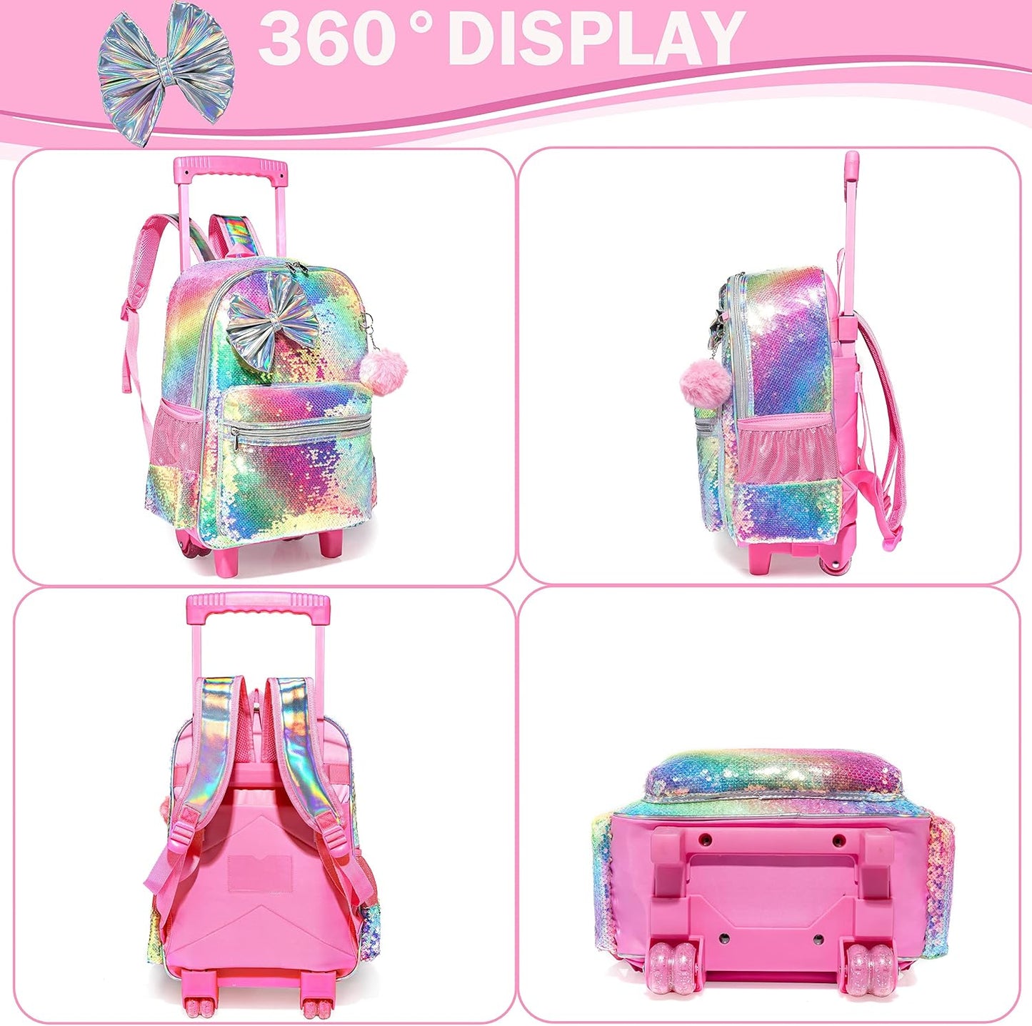 Mochila con ruedas con lazo para niñas, mochilas enrollables con ru...
