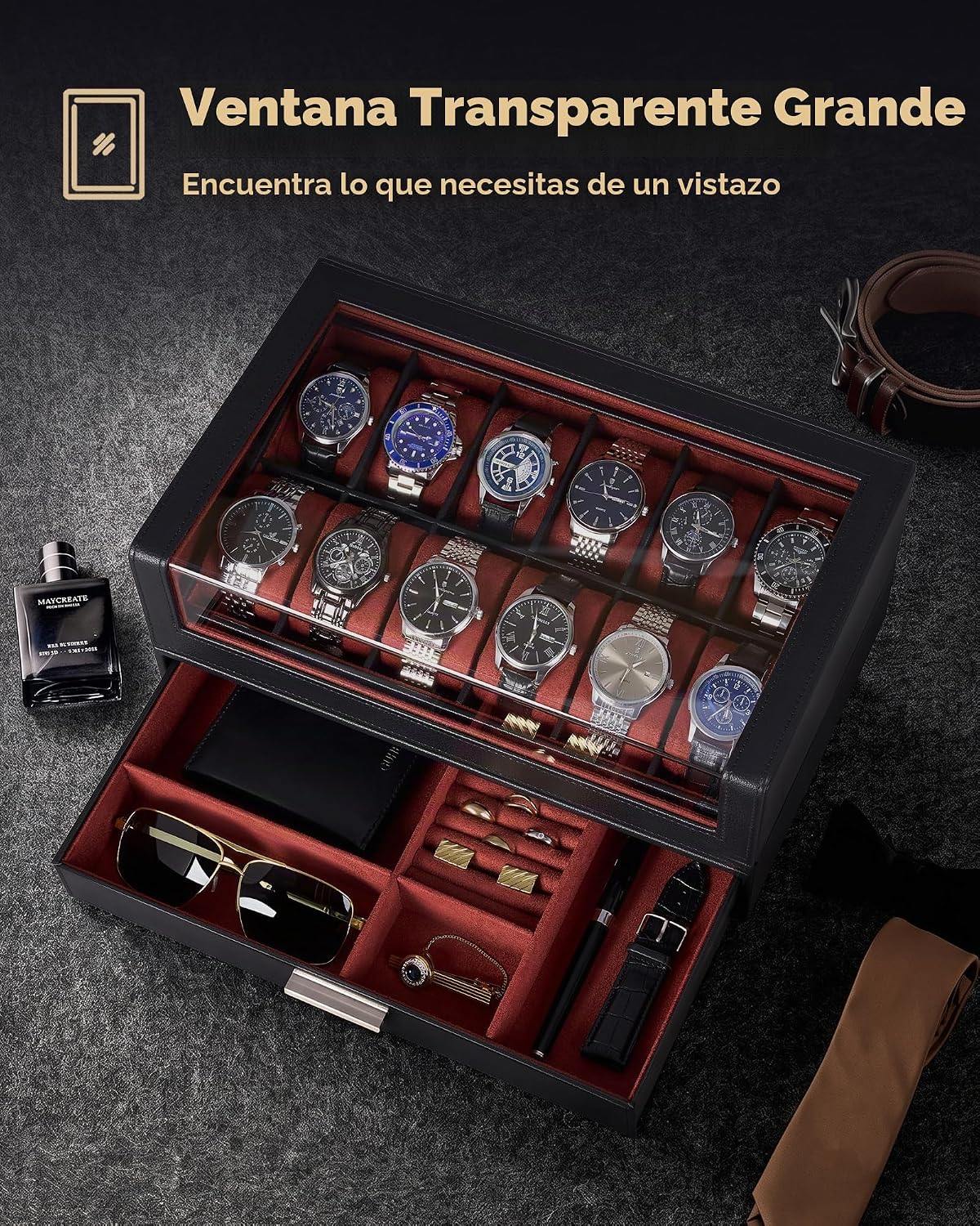 ProCase Caja de reloj para hombre, 12 ranuras para reloj, soporte p...