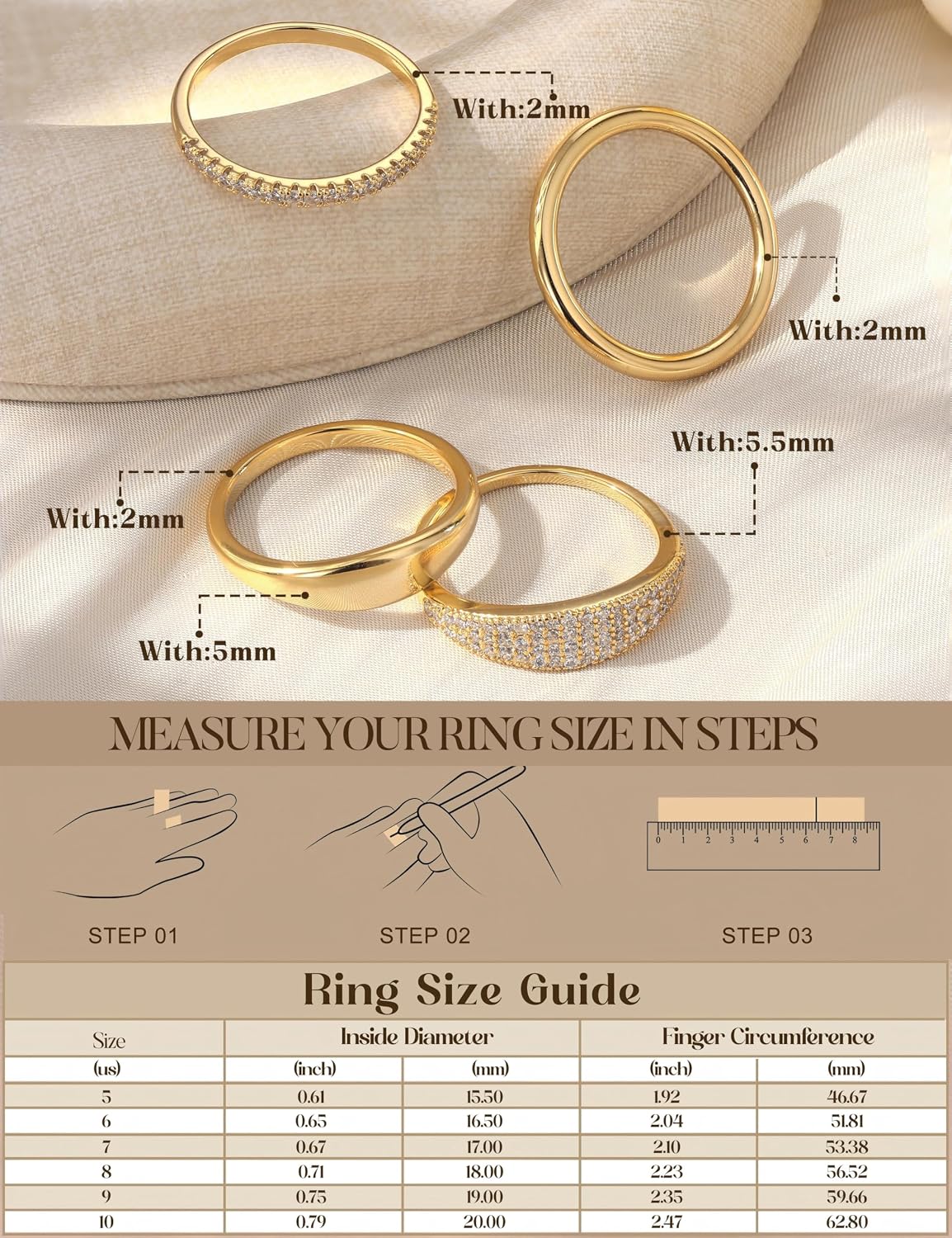 LOLIAS Anillos apilables chapados en oro de 14 quilates para mujer...