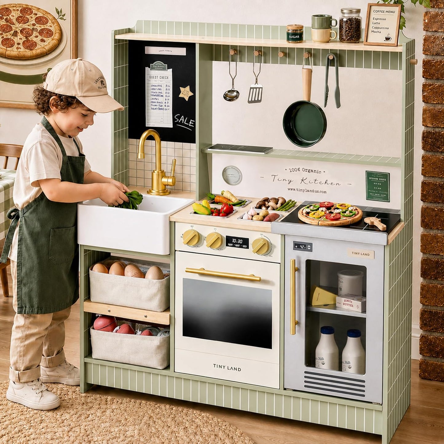 Tiny Land BistroSwitch - Juego de cocina de madera 2 en 1 con pizar...