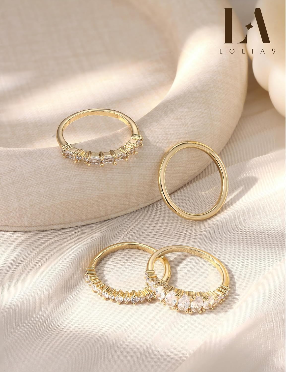 LOLIAS Anillos apilables chapados en oro de 14 quilates para mujer...