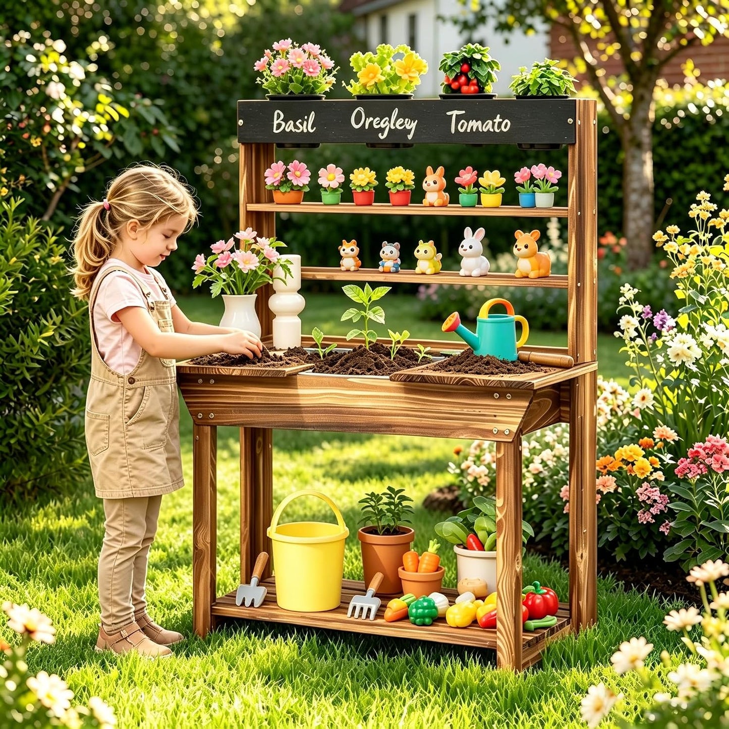 Costzon Banco de macetas para niños, centro de jardinería de juguet...