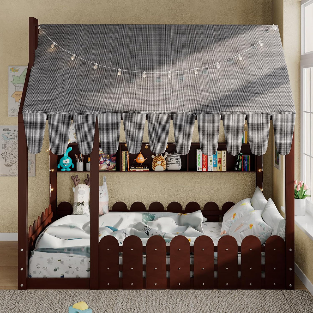 Bellemave Cama de piso de casa completa con riel para niños, camas...