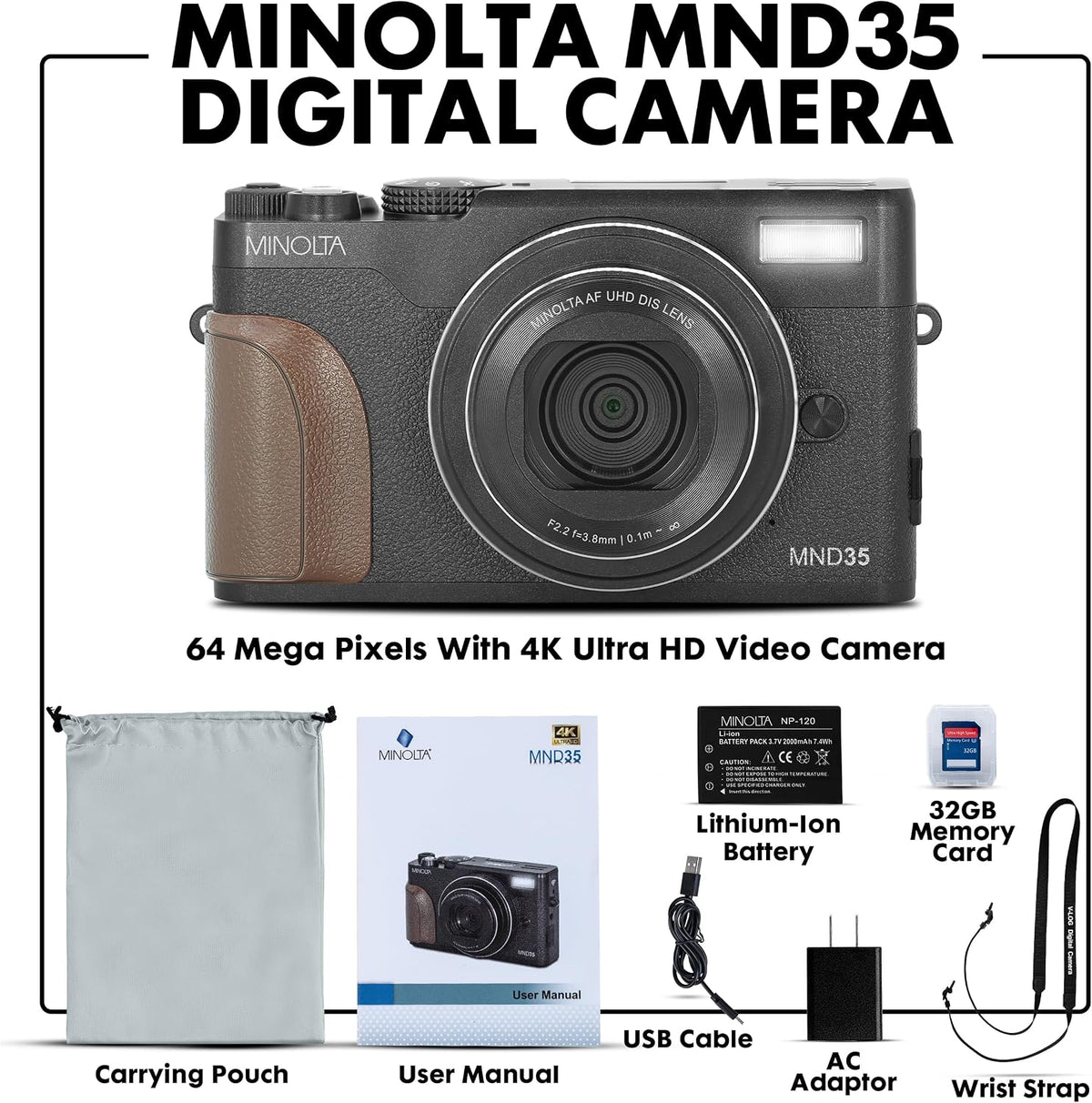 Minolta MND35 64MP 4K Ultra HD Wi-Fi Cámara digital, color negro |...