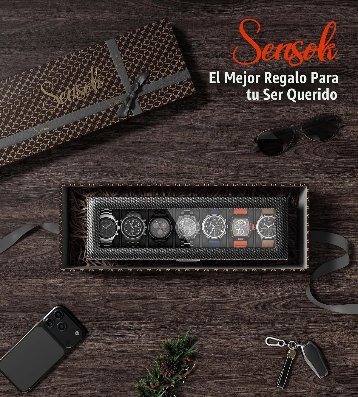 sensok Caja de reloj para hombre, 7 SLots relojes, organizador de a...