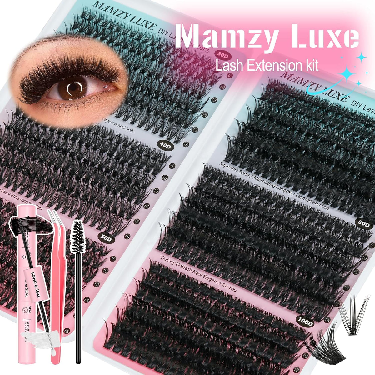 Kit de 708 extensiones de pestañas individuales en racimo 30D+40D+5...