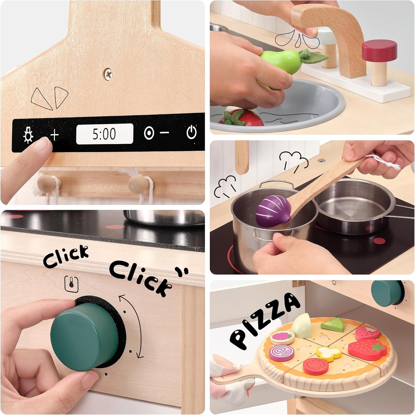 Cocina de juego de madera para niños, juguetes de madera de altura...