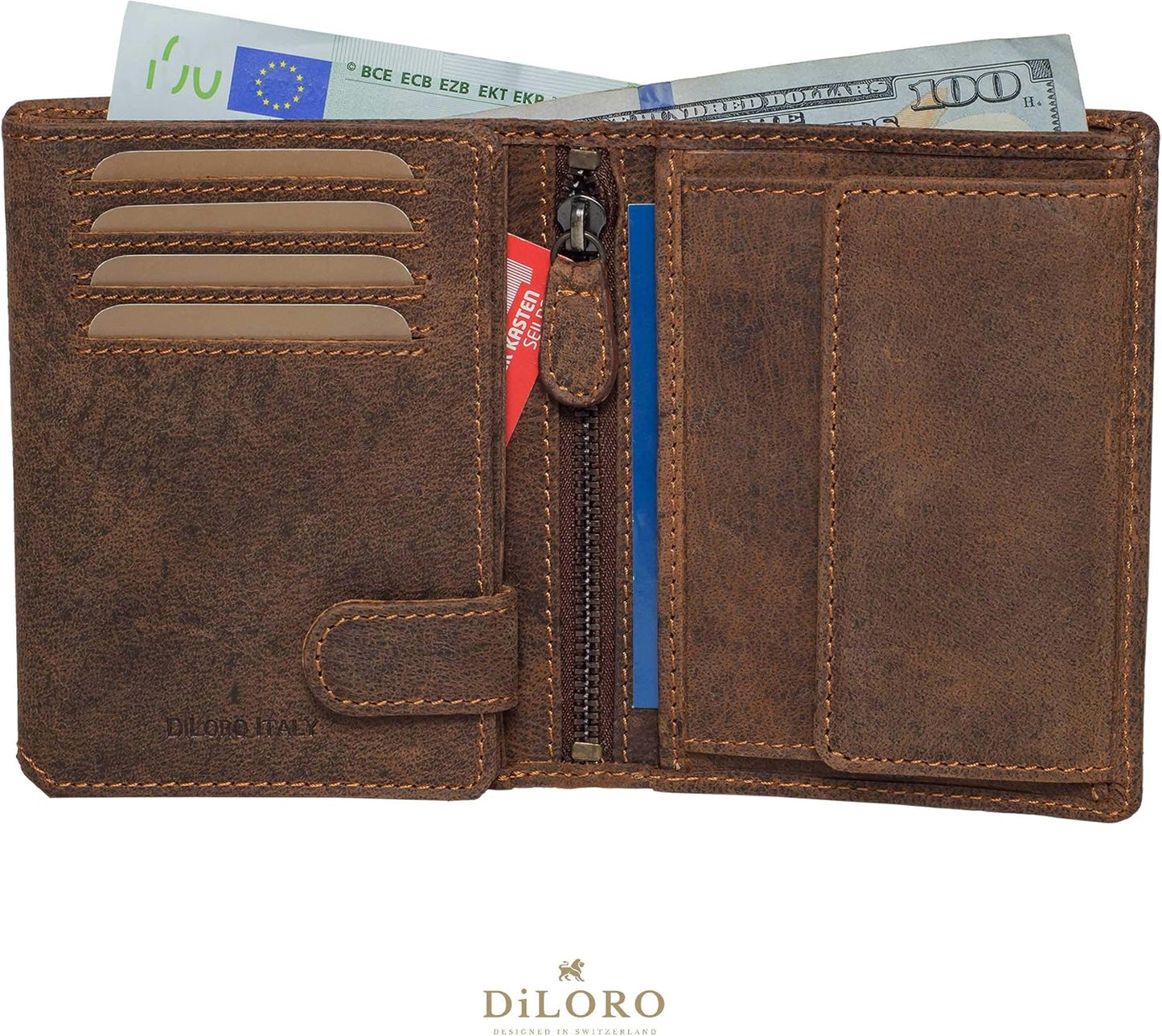 DiLoro Cartera plegable de cuero genuino de grano completo para hom...