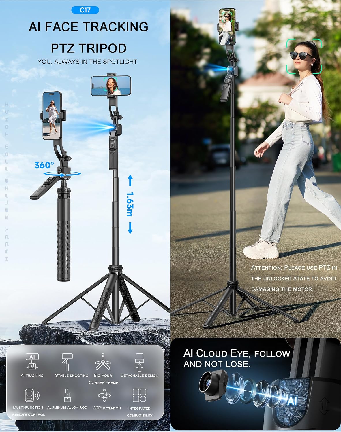 Sallnoy Trípode de seguimiento facial automático con luz y control...