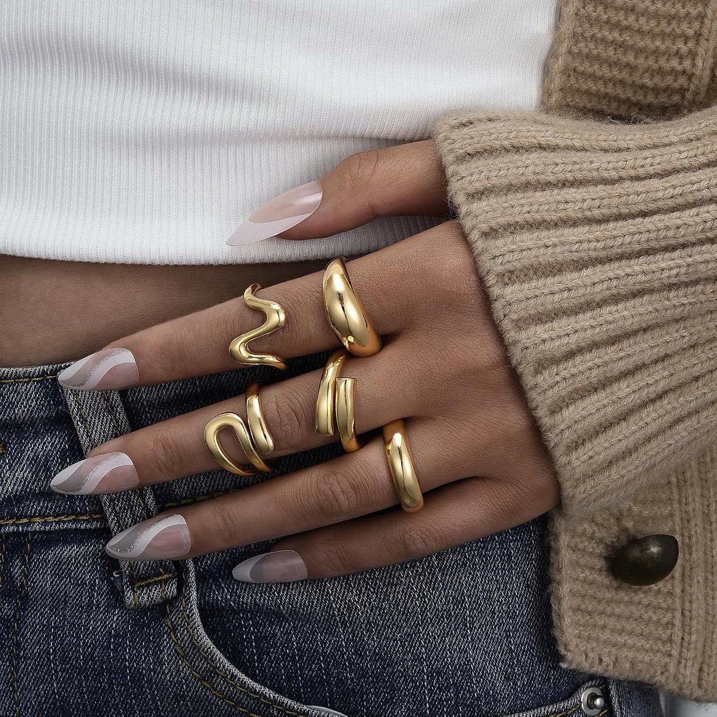 YEEZII Anillos Gruesos de Oro para Mujer Sin Deslustre, Anillo de P...