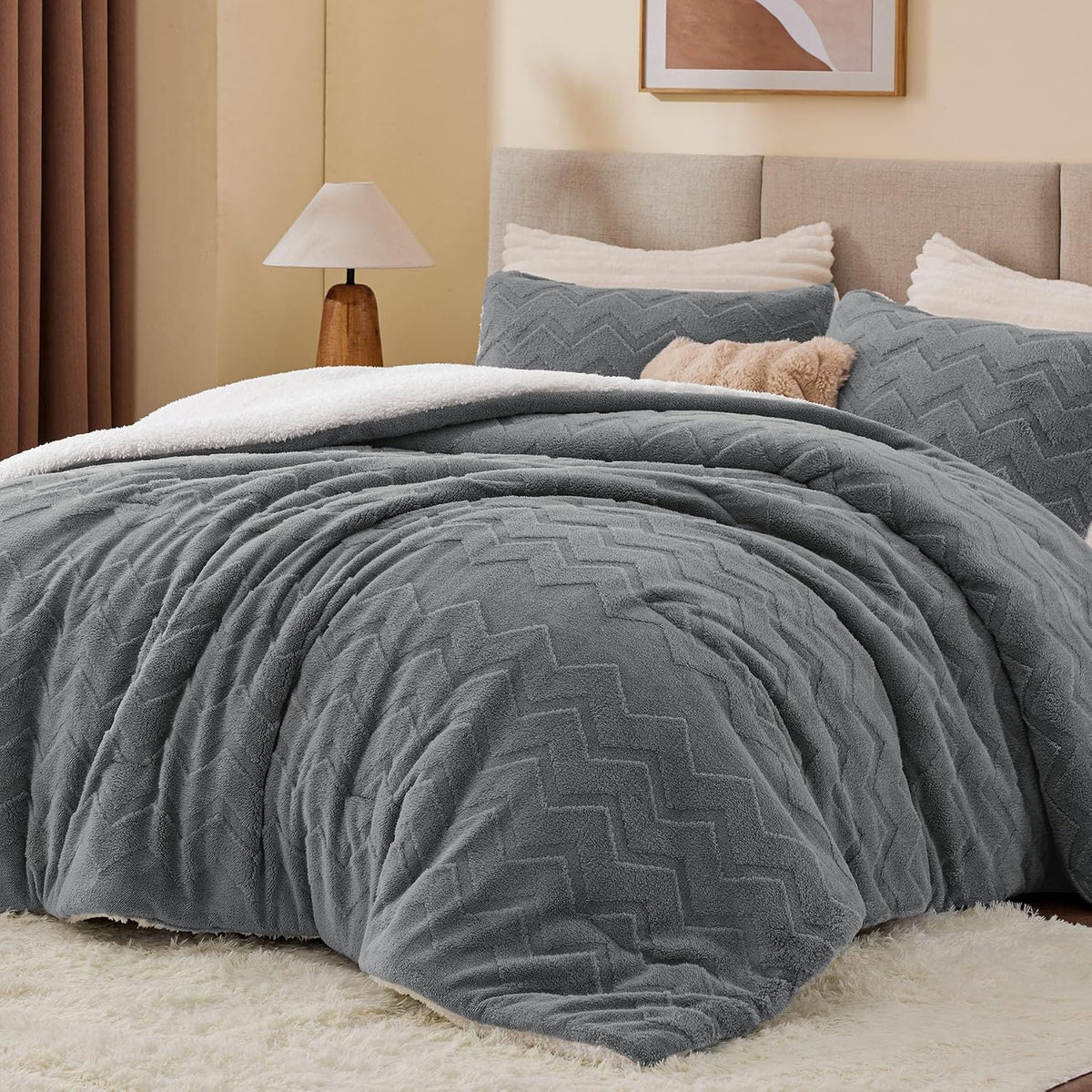 BEDELITE Juego de edredón de sherpa mullido, color gris | Ropa de c...