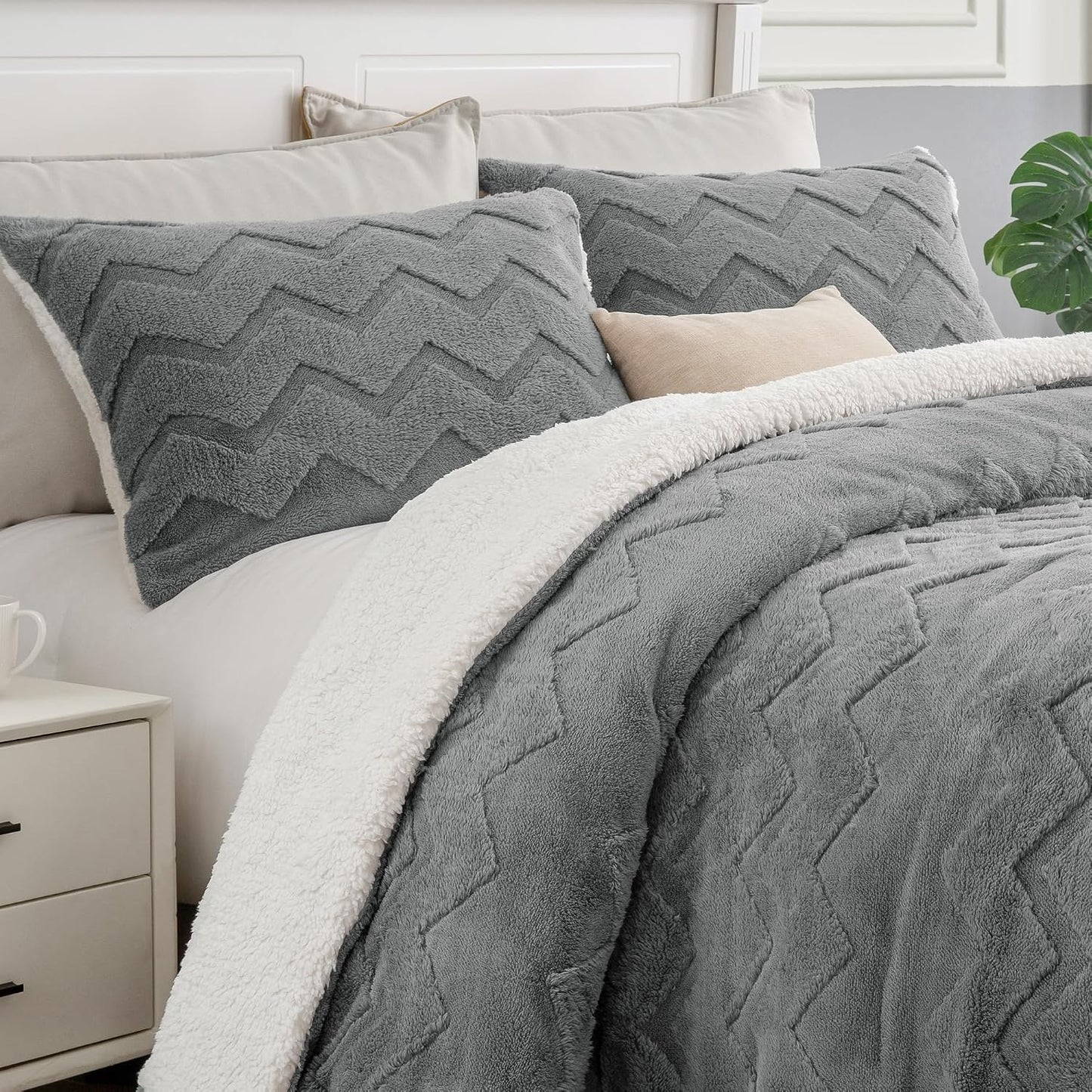 BEDELITE Juego de edredón de sherpa mullido, color gris | Ropa de c...