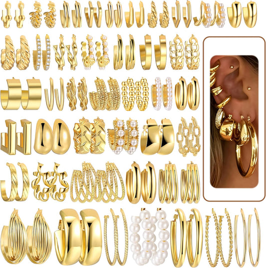 42 pares de aretes de aro dorados para mujer, paquete múltiple de a...