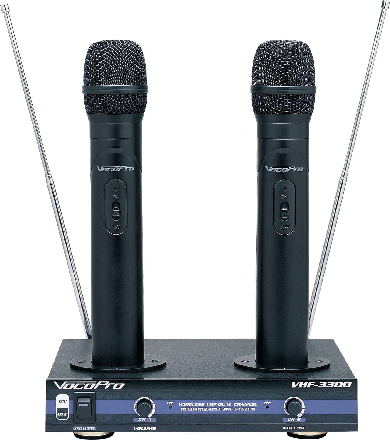 VocoPro Sistema de micrófono inalámbrico recargable VHF-3300 de dob...