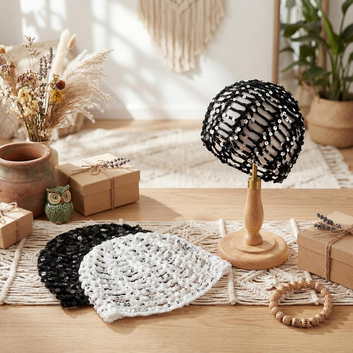 Cuffbow Gorro de ganchillo con lentejuelas brillantes, estilo bohem...