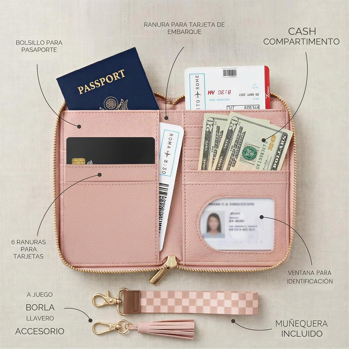 Hermoso soporte para pasaporte y cartera de viaje con correa de muñ...