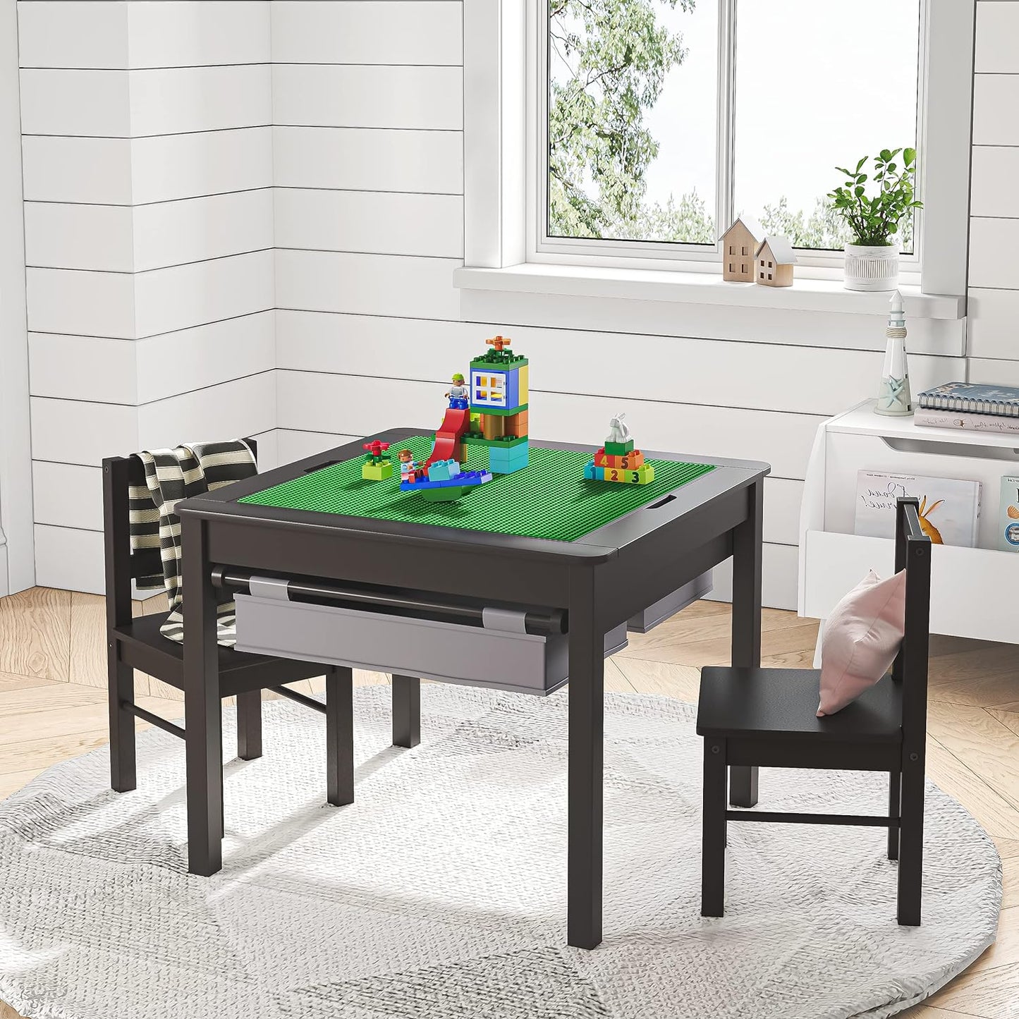 UTEX Juego de mesa de construcción para niños 2 en 1 de madera con...