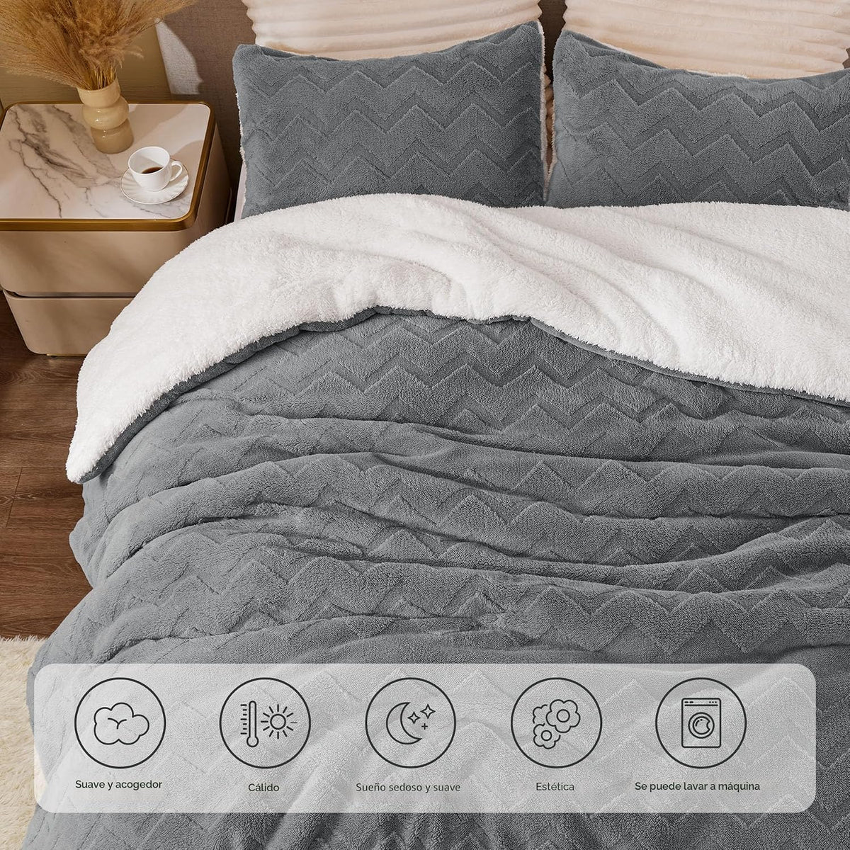 BEDELITE Juego de edredón de sherpa mullido, color gris | Ropa de c...
