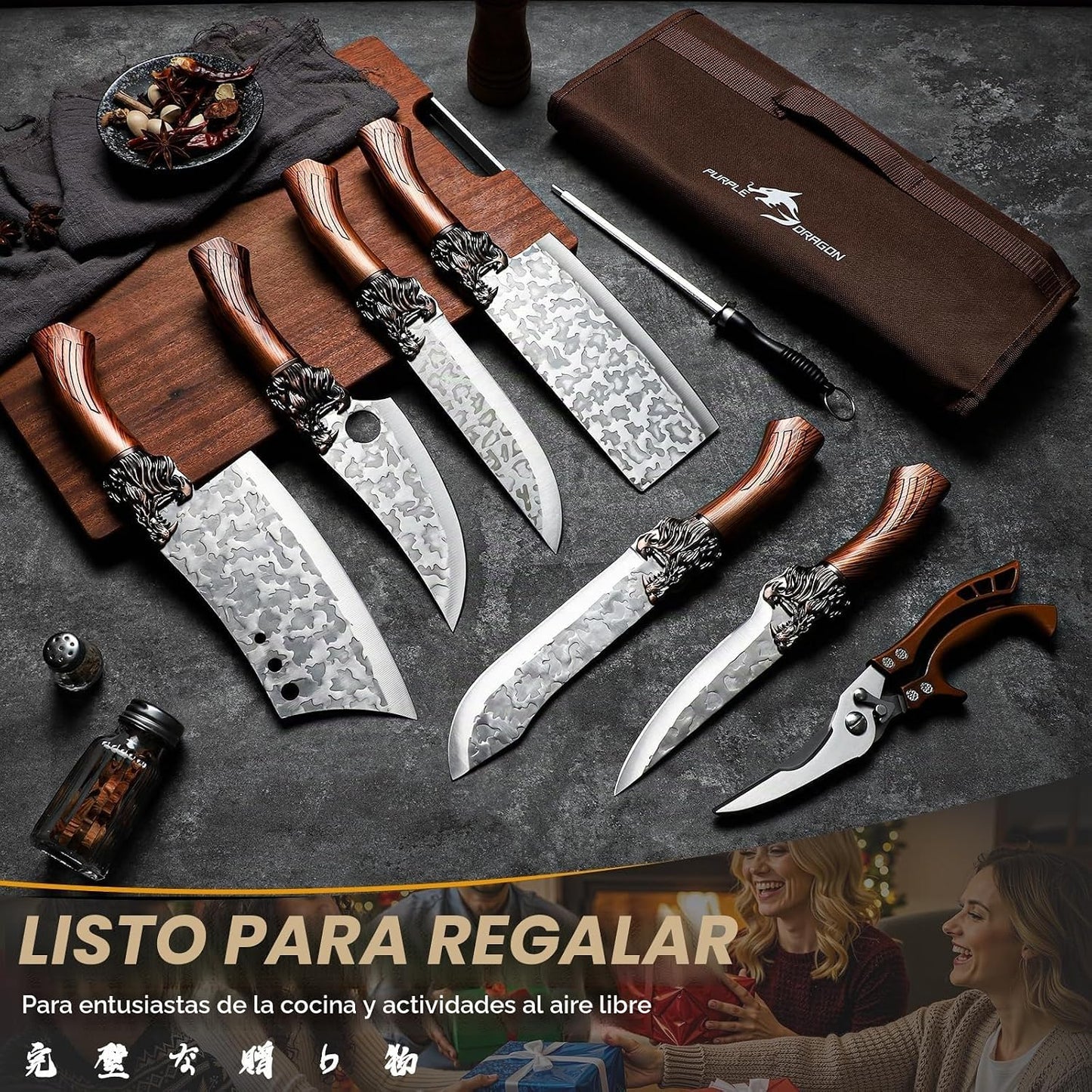 Purple Dragon Juego de 8 cuchillos de carnicero de chef japonés con...