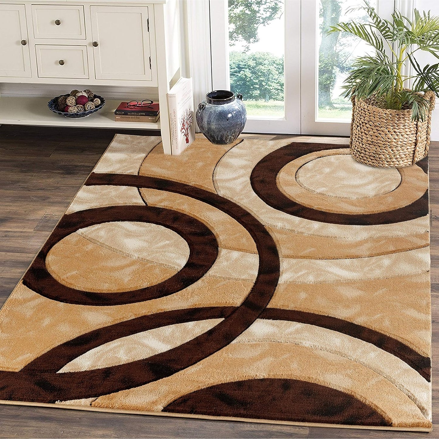 GLORY RUGS - Alfombra moderna de 5x7, círculos marrones, geometría,...