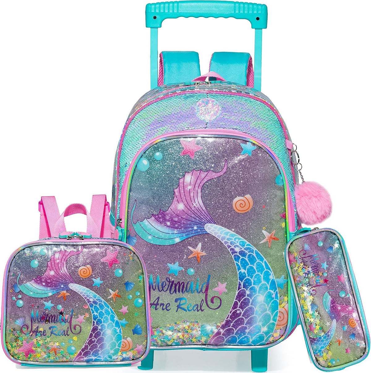 Meetbelify Mochila con ruedas de sirena para niñas y niños, mochila...