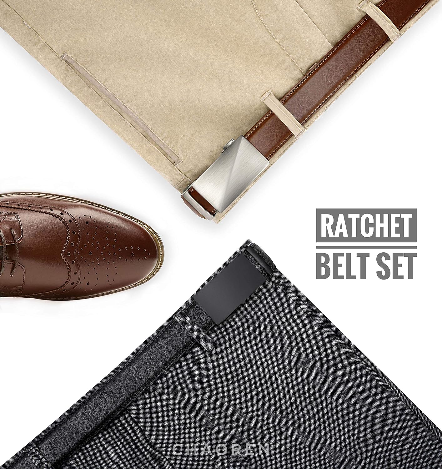 CHAOREN Cinturón de trinquete de cuero para hombre, 2 paquetes - Aj...