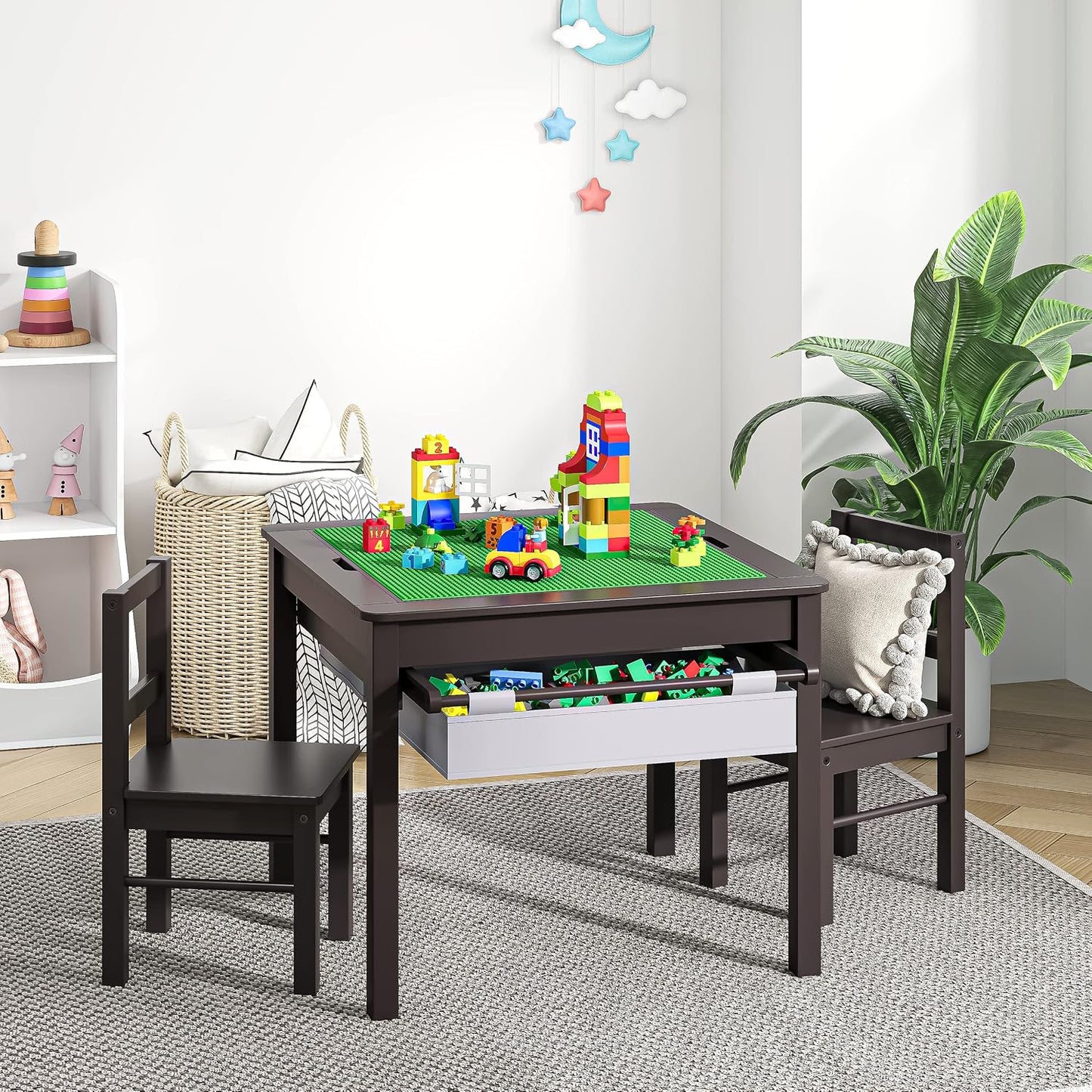 UTEX Juego de mesa de construcción para niños 2 en 1 de madera con...
